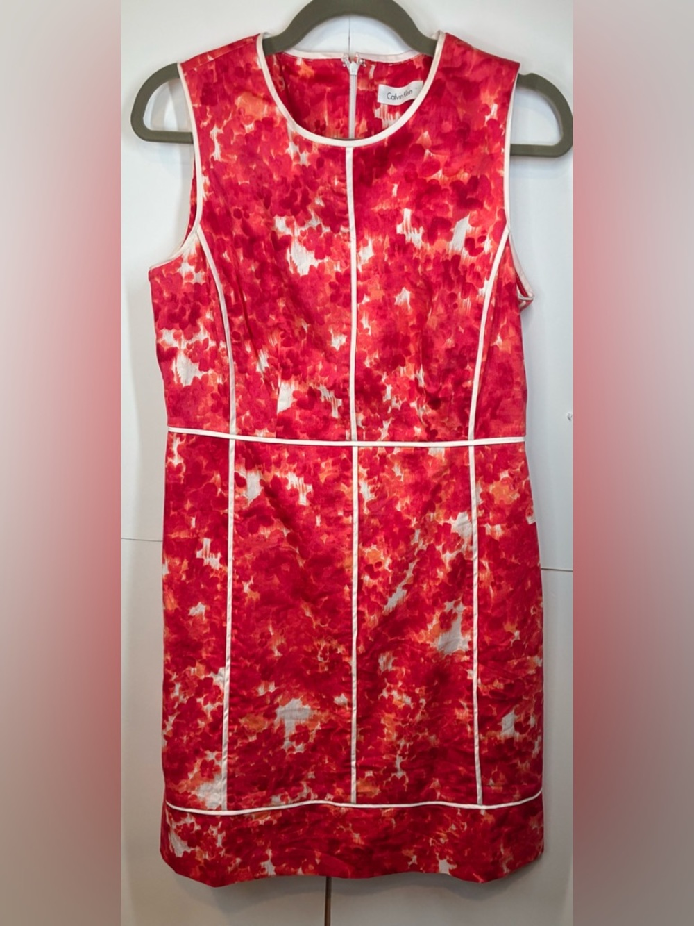 Calvin Klein Dress Size 12 Pink Orange Floral Sleeveless Sheath Piped Detail